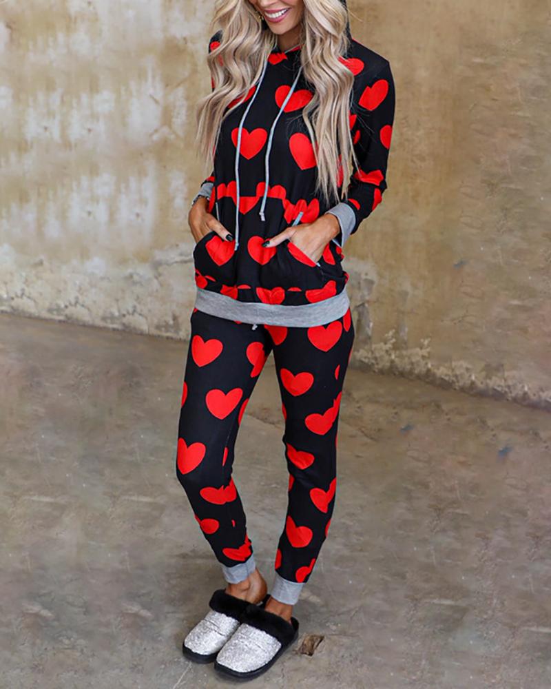 

Heart Print Colorblock Hooded Top & Drawstring Pants Set, Red