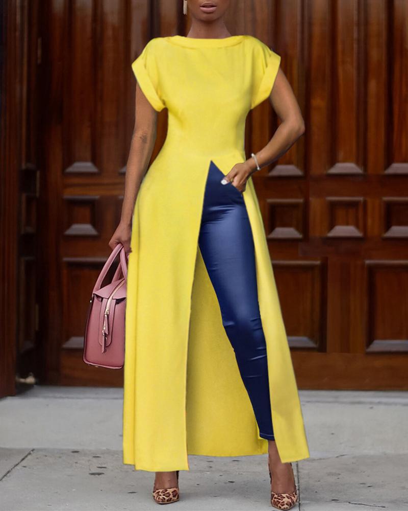 

Short Sleeve Solid Color High Split Top, Yellow