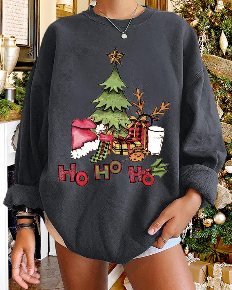 

Christmas O-neck Tree Gift Socks Letter Print Sweatshirt, Gray