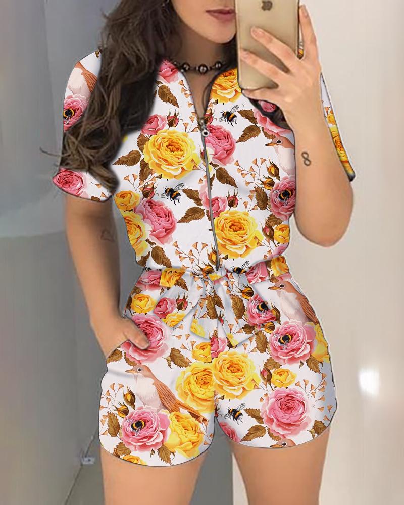 

Floral Print Short Sleeve Zipper Design Romper, Multicolor