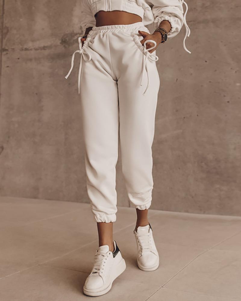 

Drawstring Ruched High Waist Casual Pants, White