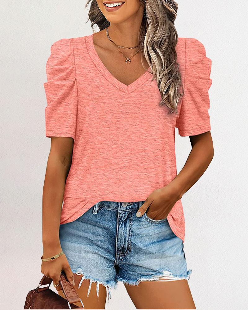 

V-Neck Puff Sleeve Casual T-shirt, Pink