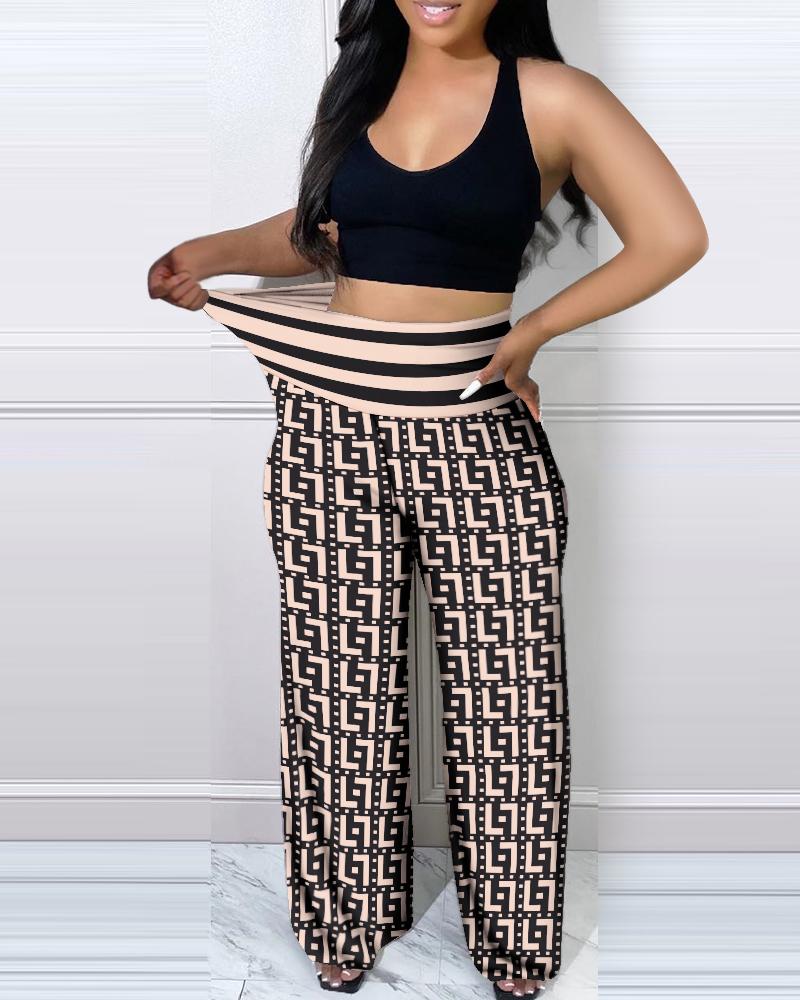 

Plus Size Geometric Print High Waist Pants, Khaki