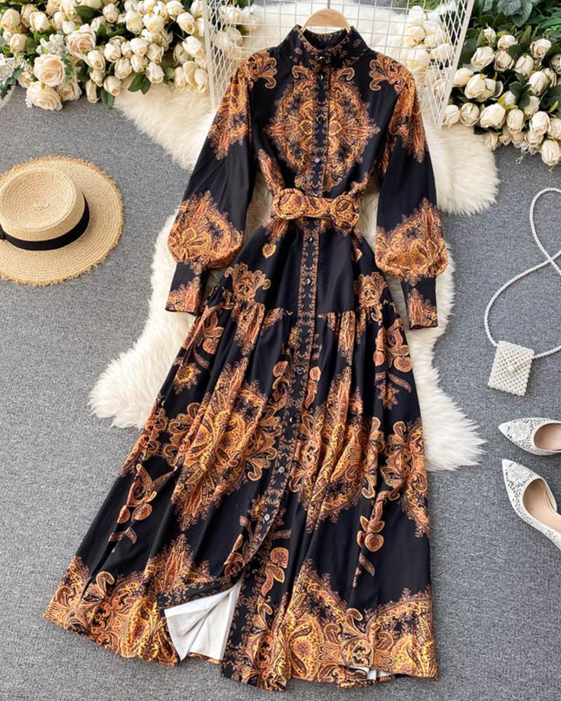 

Vintage All Over Print Long Sleeve Maxi Dress With Belt, Black