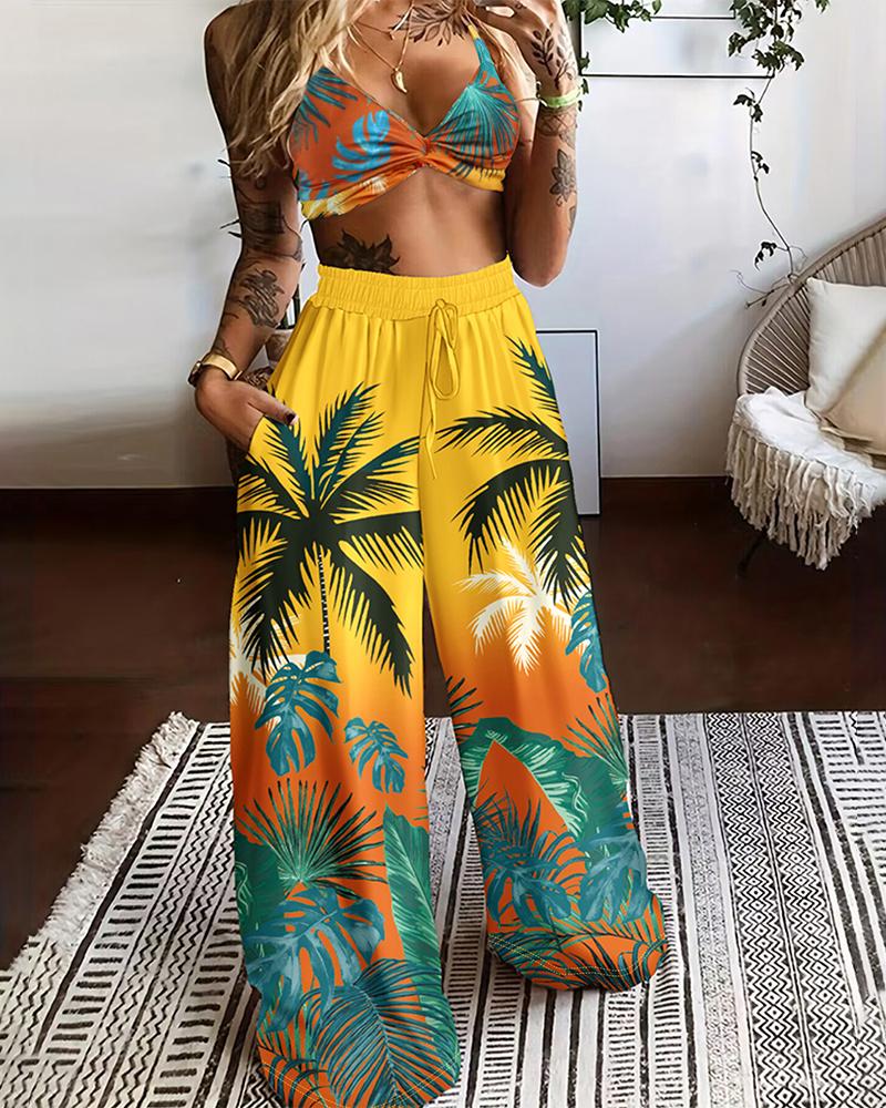 

Tropical Print Twisted Crop Top & Drawstring Pants Set, Yellow