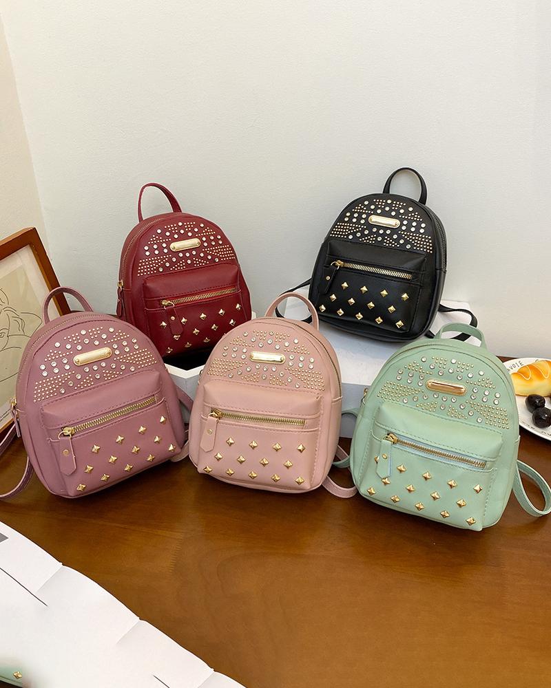 

Studded Rhinestone Decor Zipper Design Backpack Trendy School Bag, Pink