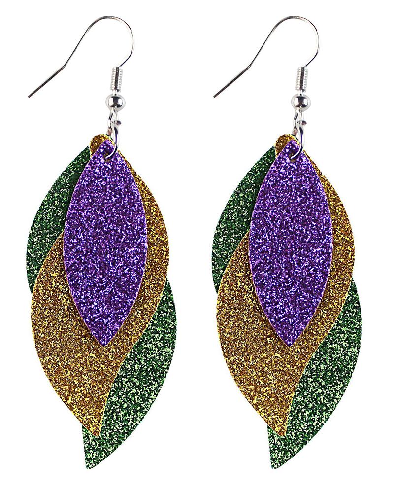 

1Pair Mardi Gras Festival Argyle Leaf Shaped Teardrop Earrings, Purple