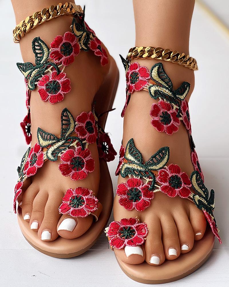 

Floral Pattern Toe Ring Summer Sandals, Red