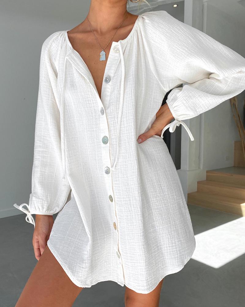 

Button Front Long Sleeve Casual Longline Shirt, White