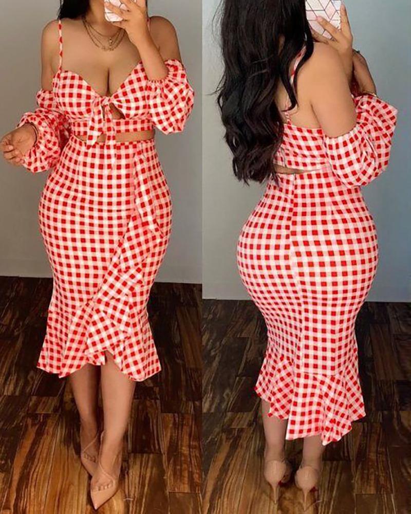 

Cold Shoulder Plaid Print Crop Top & Rufffles Midi Skirt Set, Red