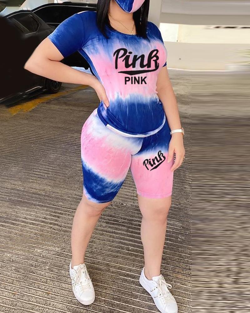 

Letter Print Tie Dye Print Top & High Waist Shorts Set, Blue