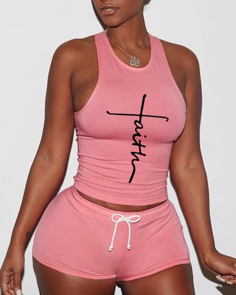 

Letter Print Breathable Drawstring Active Set, Pink