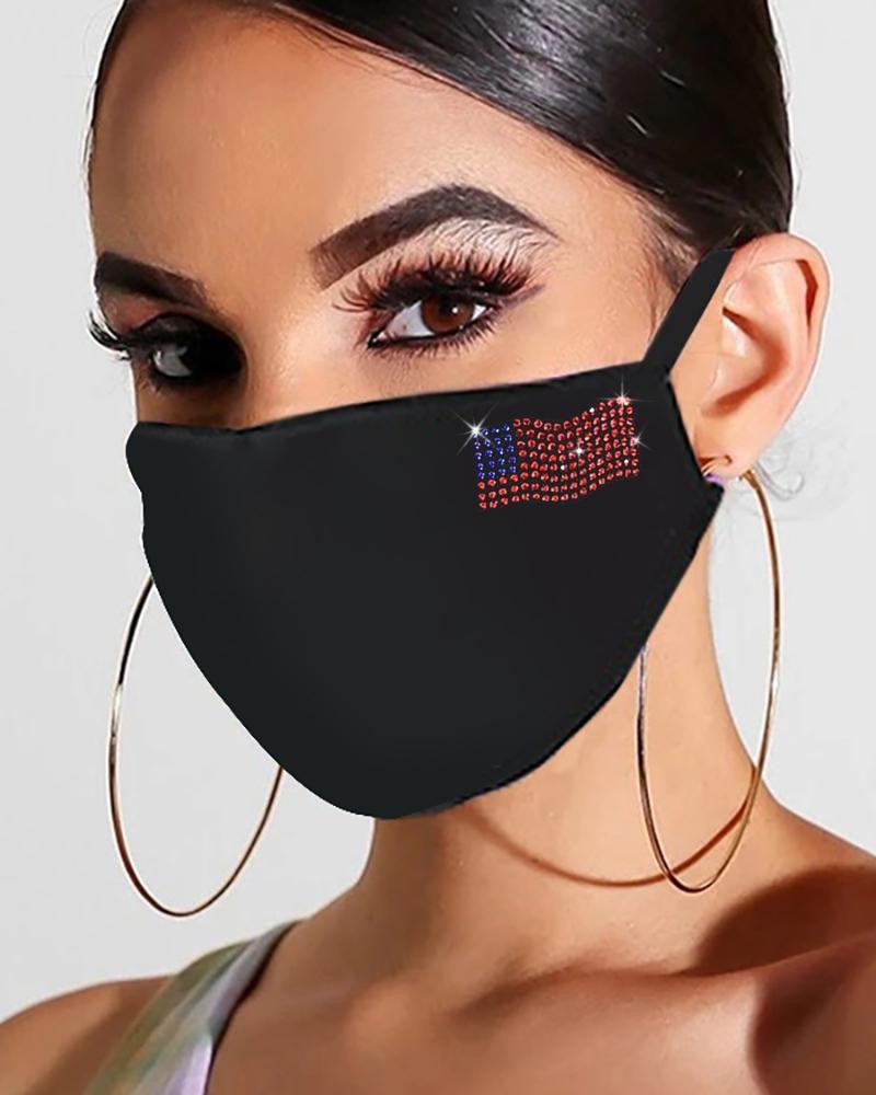 

Flag Letter Floral Pattern Studded Bling Rhinestone Face Mask, Style1