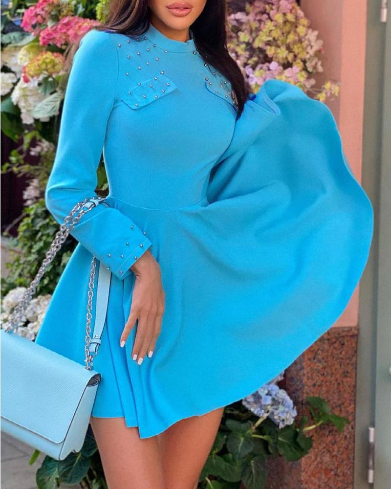 

Beaded Long Sleeve Ruched O Neck Dress, Blue