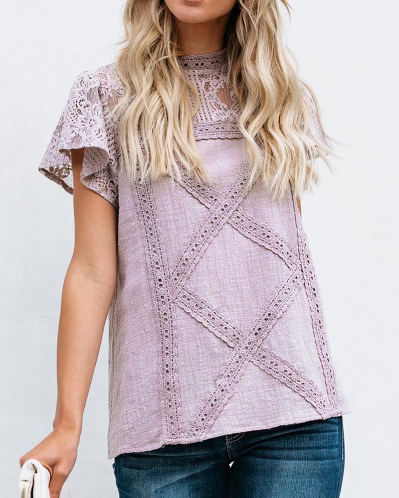 

Lace Hollow Out Short Sleeve T-shirt, Purple