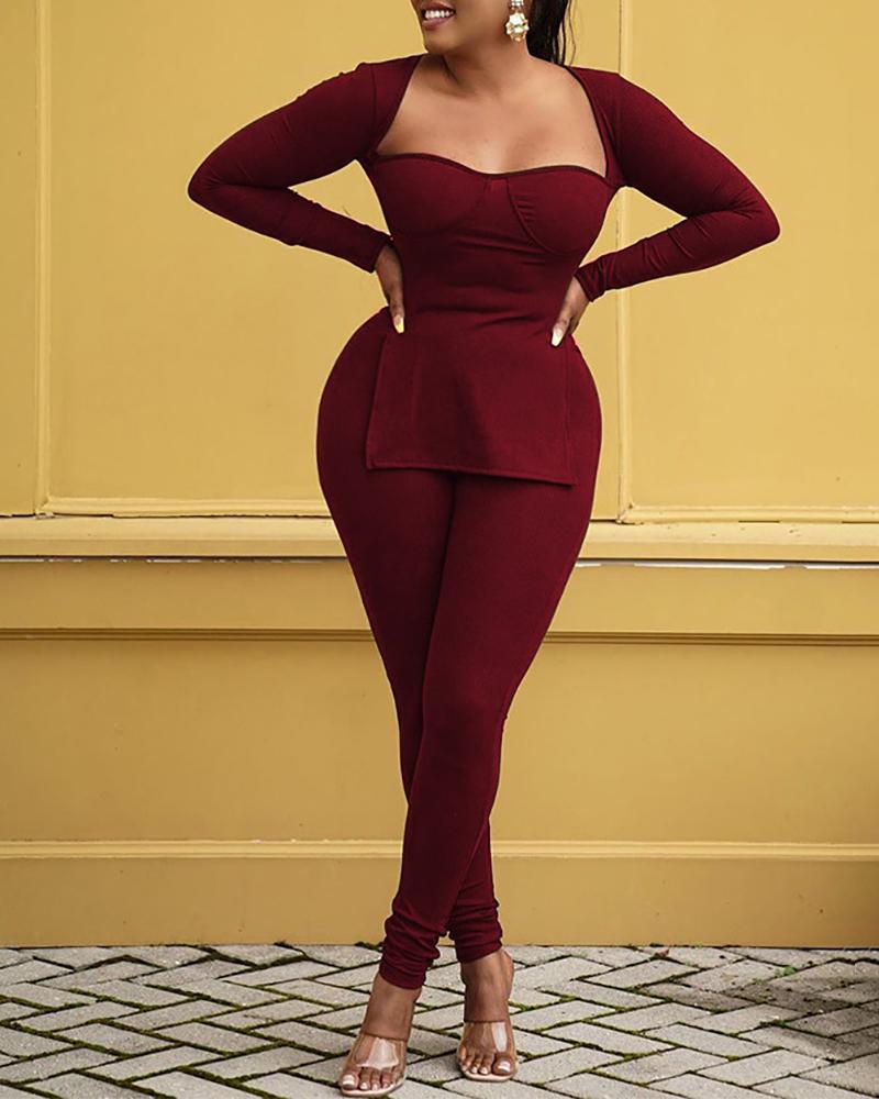 

Long Sleeve Slit Top & High Waist Pants Set, Wine red