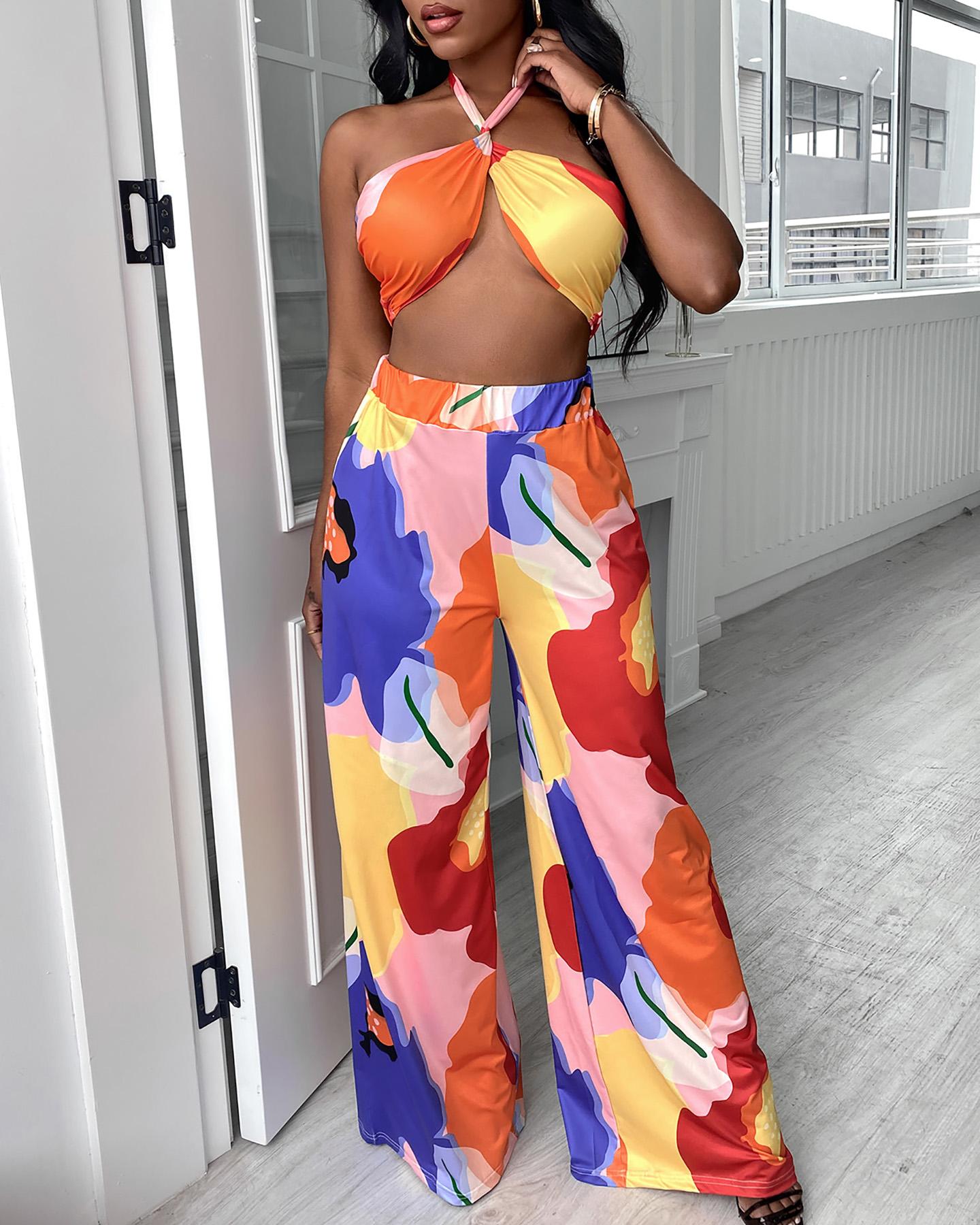 

Multicolor Floral Print Halter Sleeveless Cropped Top With Wide Leg Pants Suit Sets