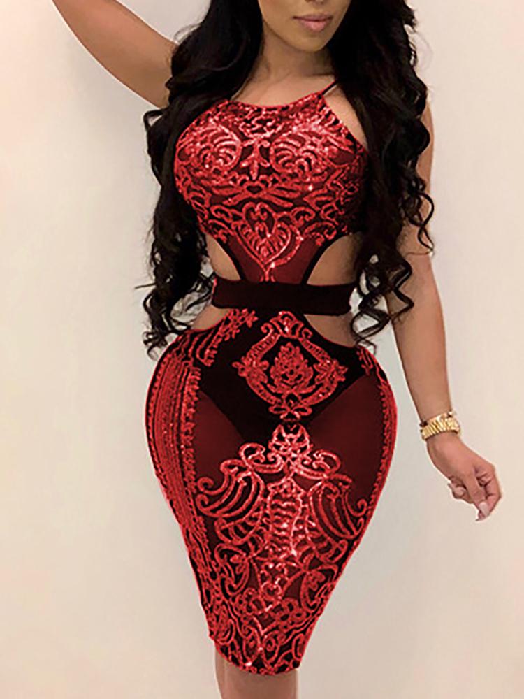 

Sequins Cut Out Halter Bodycon Dress, Red