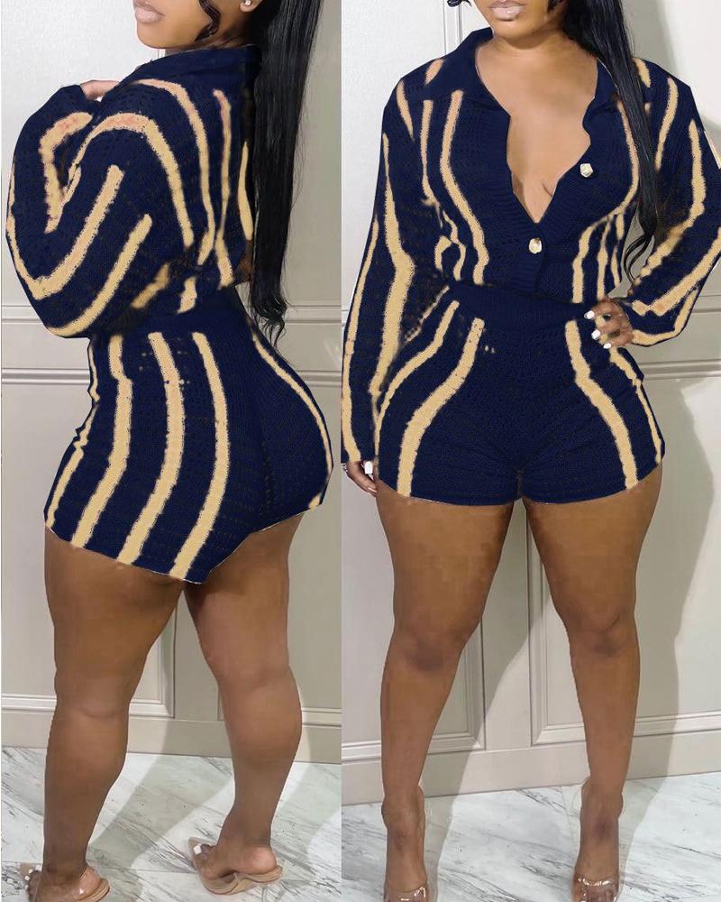 

Striped Hollow Out Knit Cardigan & Shorts Set, Dark blue