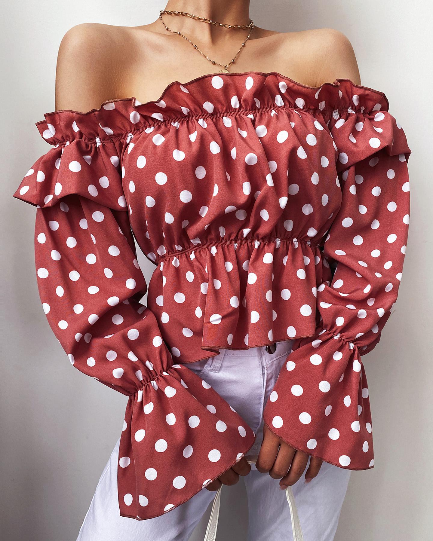 

Polka Dot Print Off Shoulder Frill Hem Peplum Top, Pink