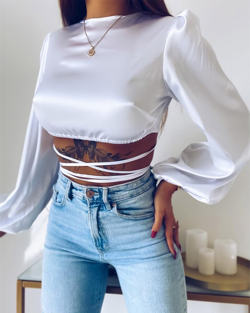 

Satin Cross Tie Back Lantern Sleeve Crop Top, White