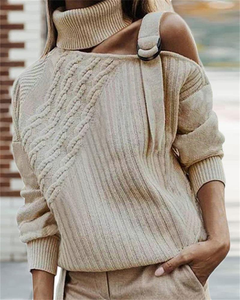 

Plus Size O-Ring Cold Shoulder Cable Knit Sweater, Beige