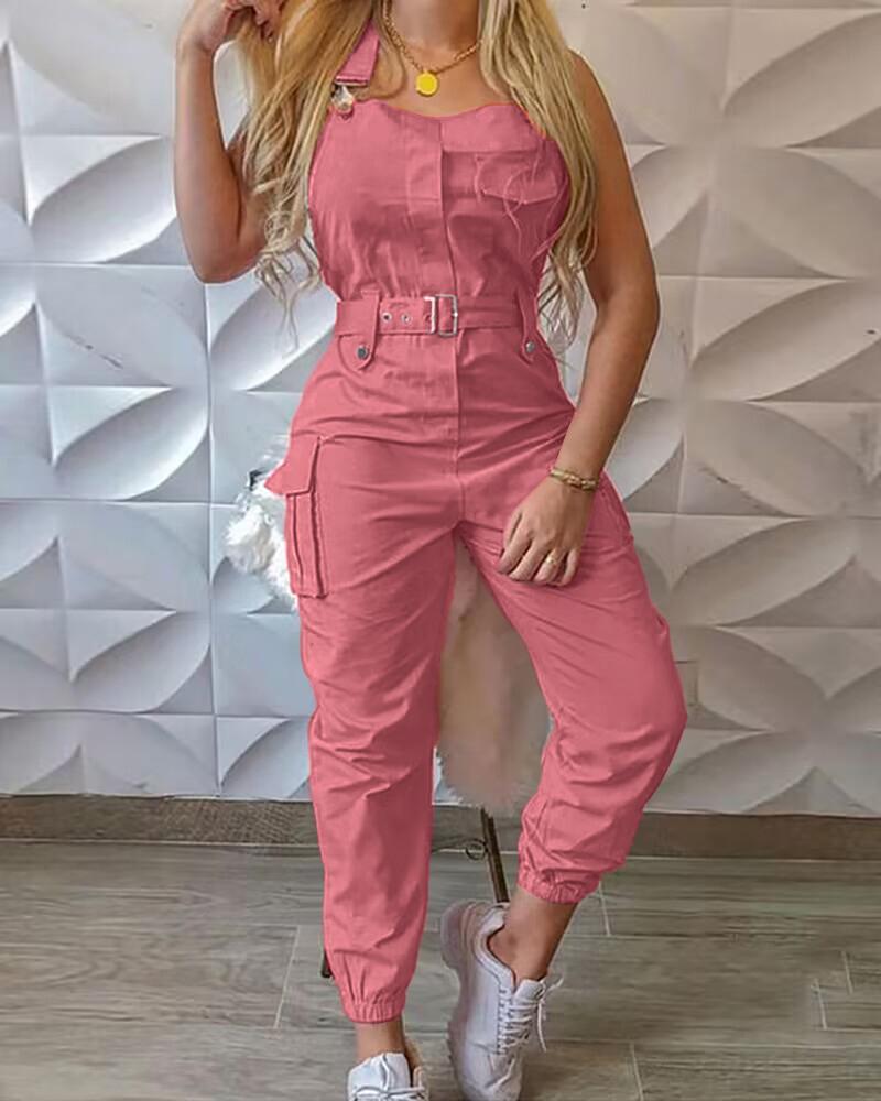 

Pocket Buckle Design Cargo Suspender Jumpsuit, Pink