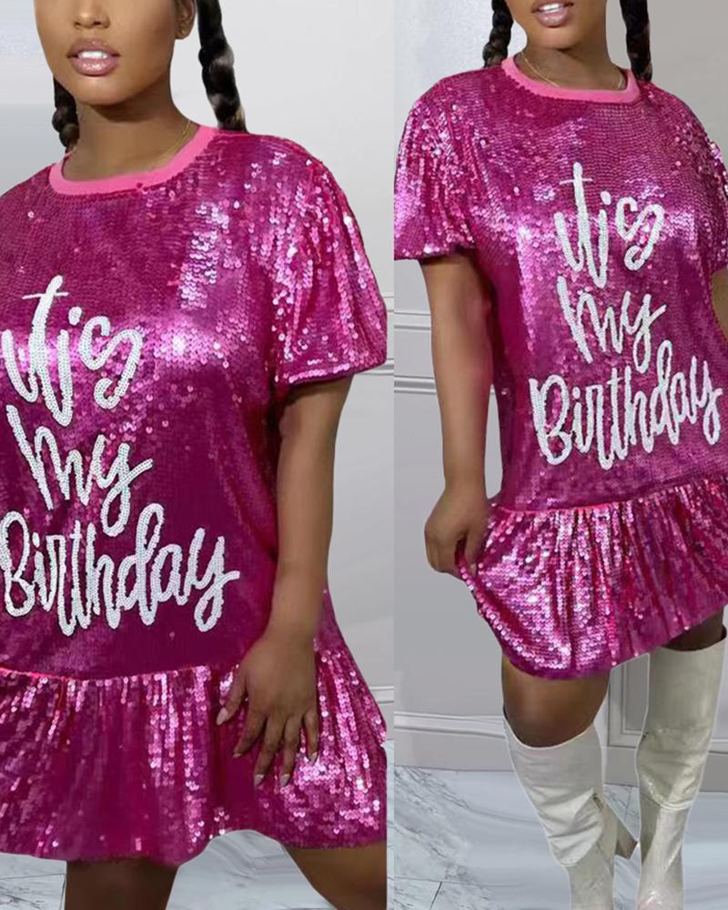 

Letter Pattern Ruffle Hem Sequin Dress, Hot pink