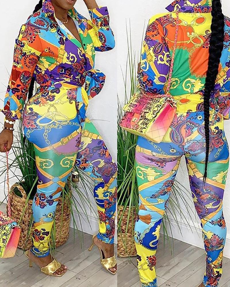 

Scarf Chain Print Long Sleeve Top & Pants Set, Multicolor