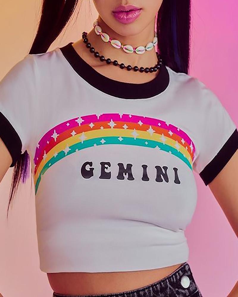 

Letter Print Colorblock Skinny Crop T-Shirt, White
