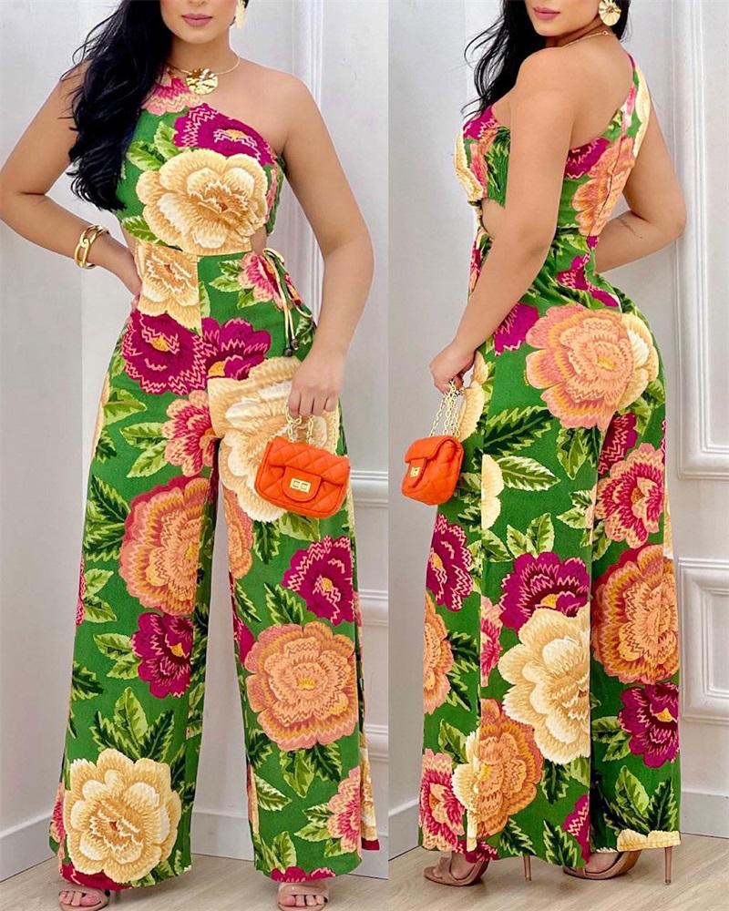 

Tropical Print One Shoulder Jumpsuit, Green