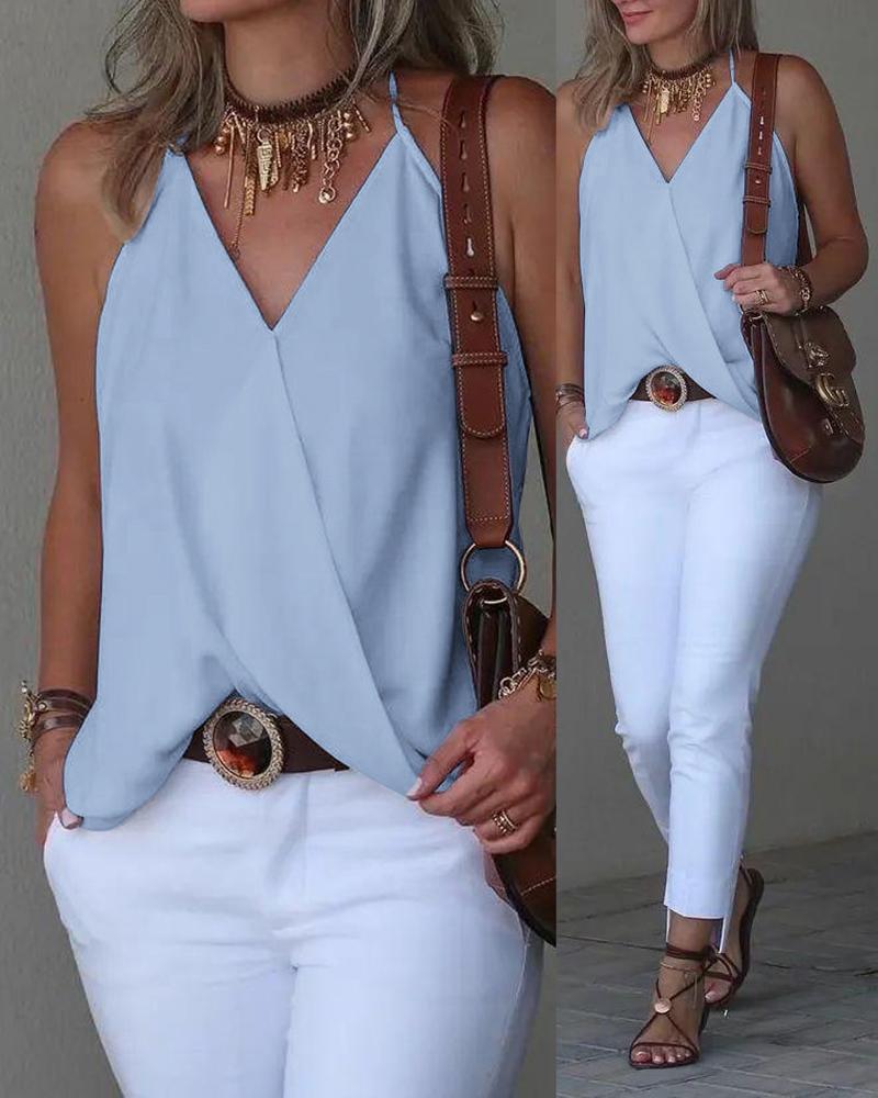

Halter Sleeveless Wrap Tank Top, Blue