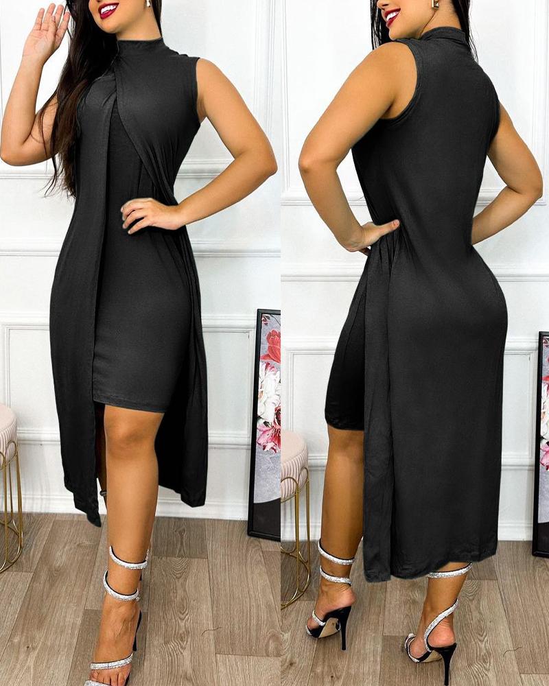 

Slit Asymmetrical Sleeveless Casual Dress, Black