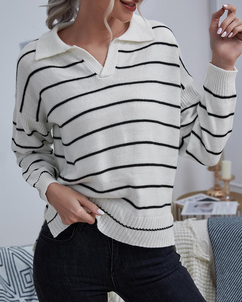 

Striped Print Long Sleeve Slit Sweater, White