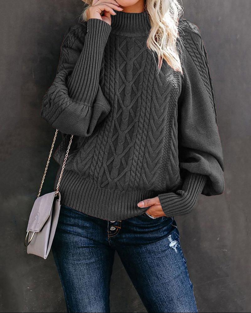 

Lantern Sleeve High Neck Cable Knit Warm Sweater, Dark grey