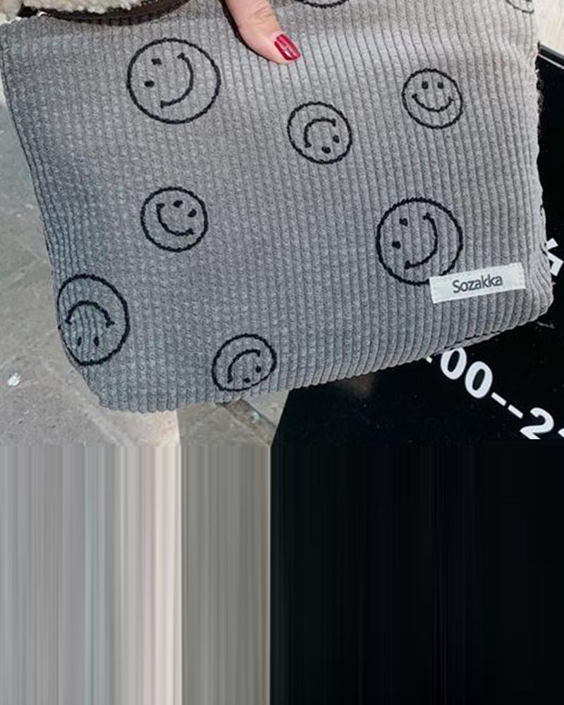 

Smiley Face Corduroy Makeup Toiletry Bag Storage Handbag Accessories Organizer, Gray