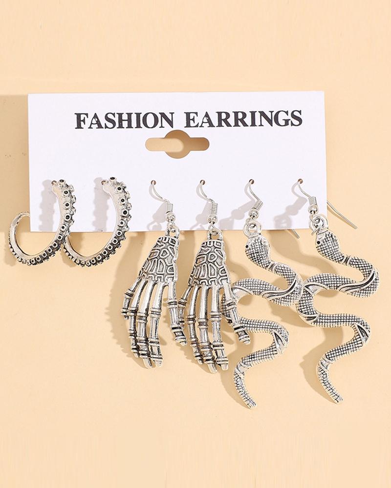 

3Pairs Halloween Ghost Skeleton Hands Snake-Shaped Dangle Hoop Earrings Set, Silver