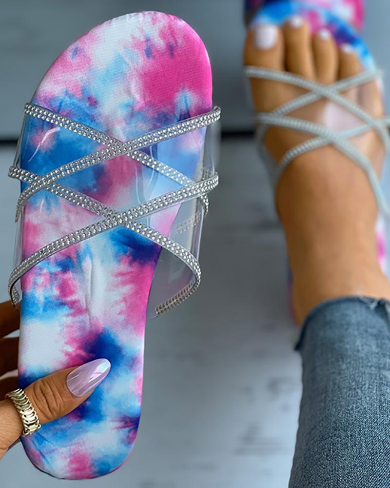 

Tie Dye Print Clear Perspex Rhinestone Flatform Slippers, Pink