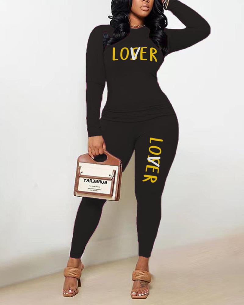 

Letter Print Long Sleeve Top & Pants Set, Black