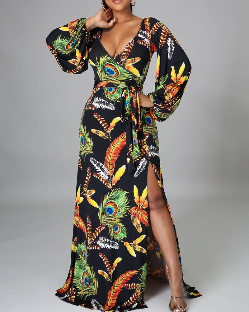 

Tropical Print Long Sleeve High Slit Maxi Dress, Black