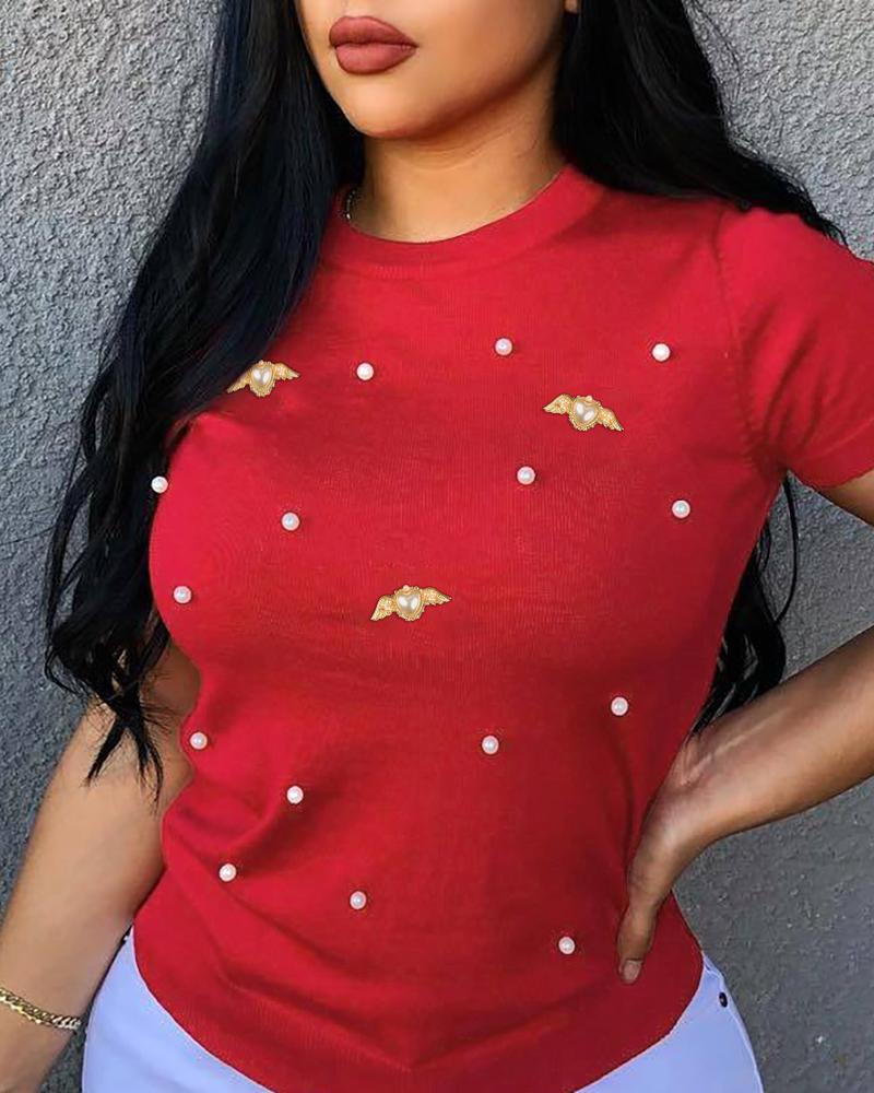 

Beaded Round Neck Short Sleeve T-Shirt Casual loose Fit Top, Red