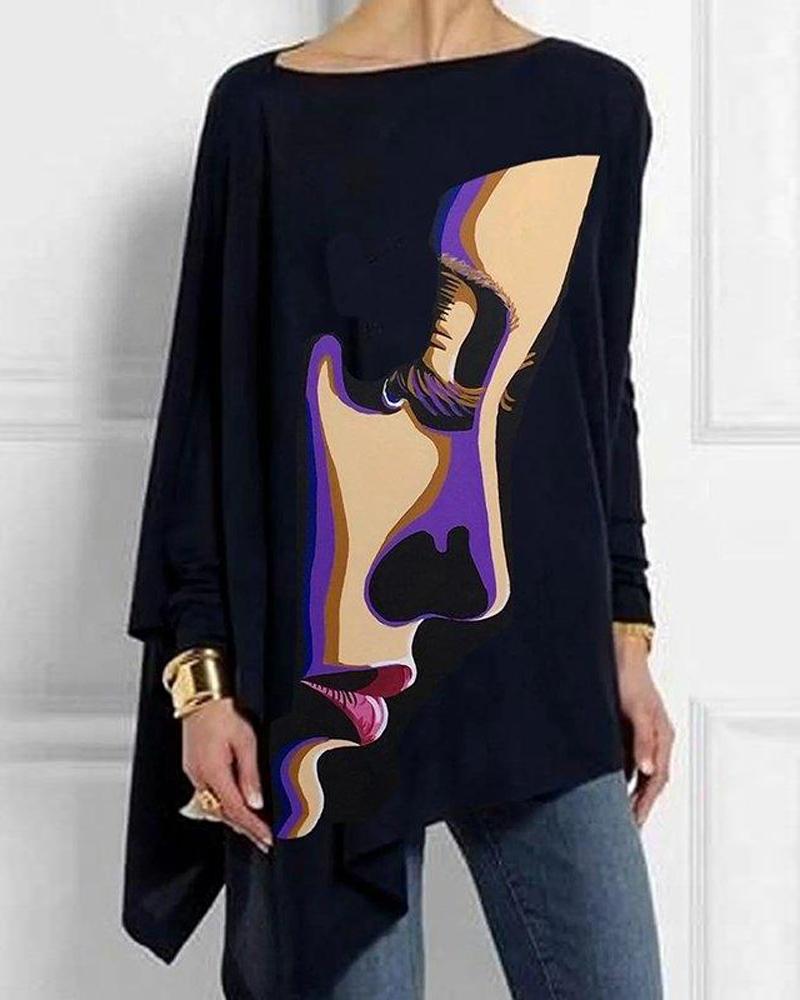 

Figure Print Asymmetrical Hem Long Sleeve Top, Black