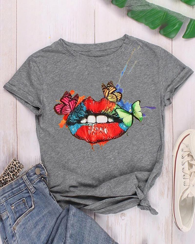

Lip Butterfly Print Short Sleeve Casual T-shirt, Gray