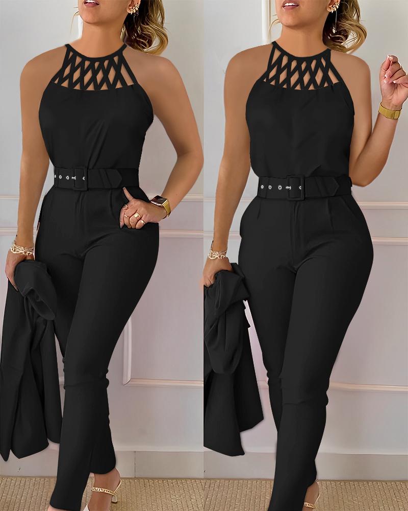 

Hollow Out Sleeveless Tank Top & Pants Set, Black