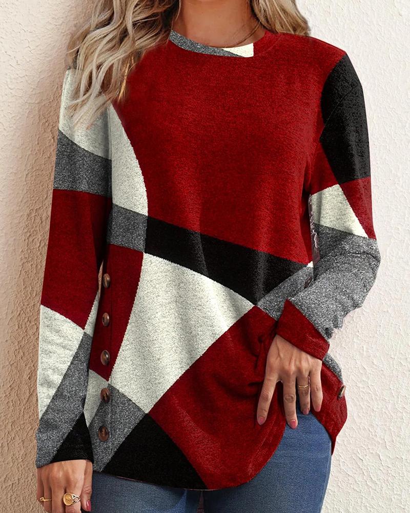 

Colorblock Buttoned Long Sleeve Top, Red