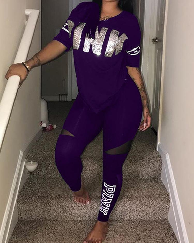 

Letter Print Patchwork Casual Pant Sets, Purple