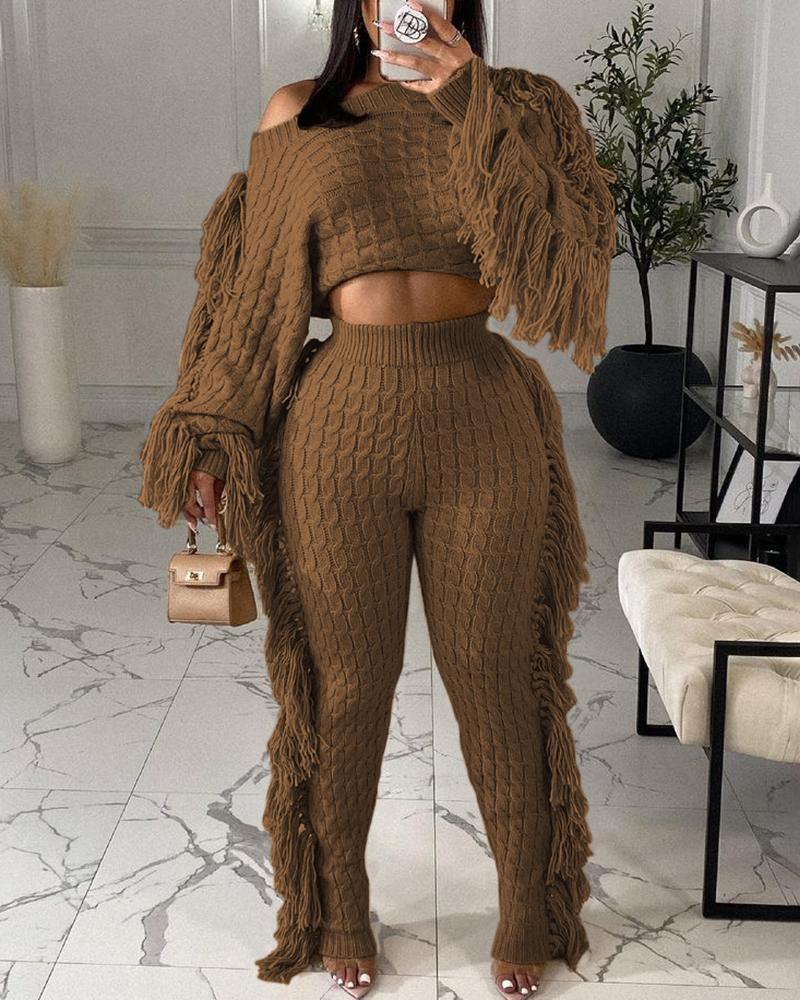 

Knit Tassel Design Sweater & High Waist Pants Set, Coffee