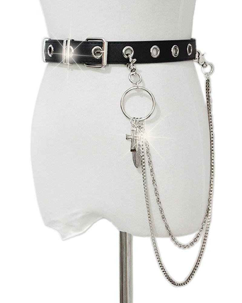 

1pc Grommet Eyelet Decor Punk Belt With Chain, Black