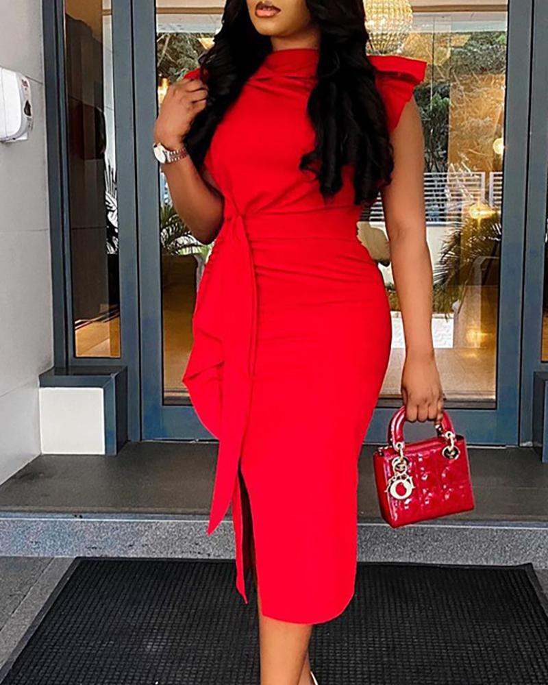 

Short Sleeve Ruched Slit Ruffles Causal Dress, Red