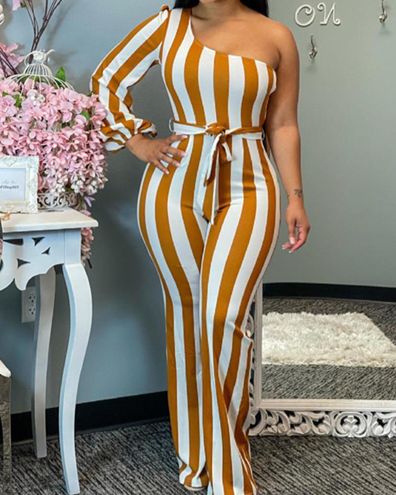 

Striped One Shoulder Flared Leg Belted Jumpsuit, Yellow